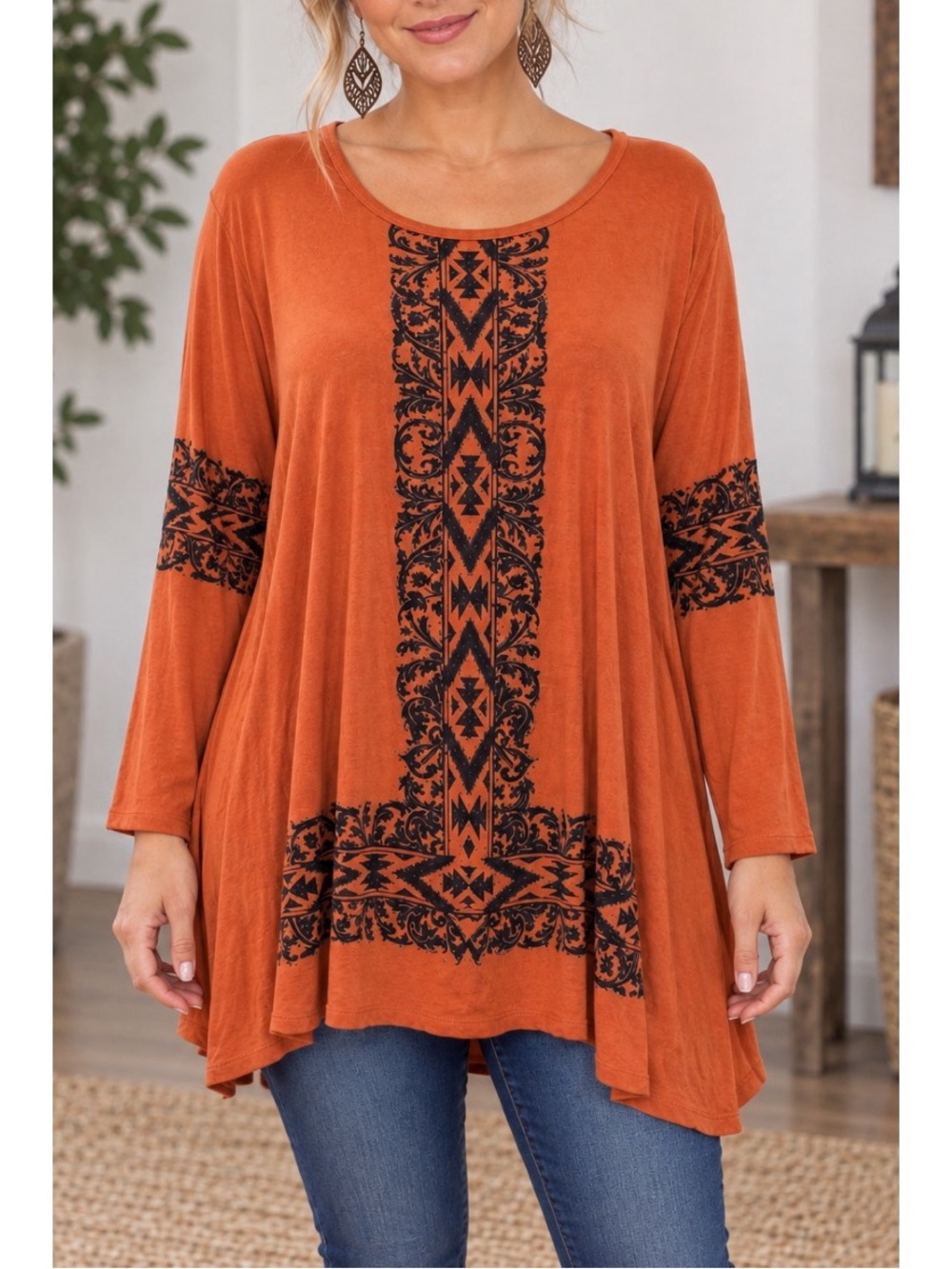Vocal Voice of California orange tunic w/ black geometric pattern & rhinestones